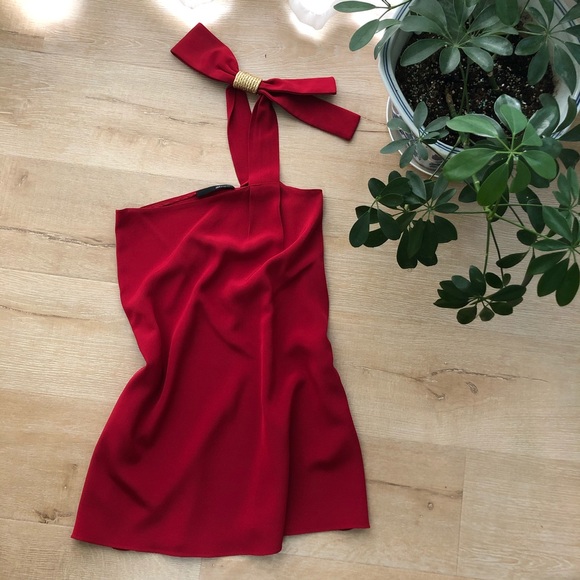 One Shoulder Red Silk Dress w. Decorative Strap - Picture 1 of 5